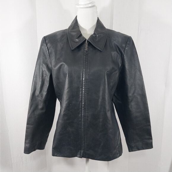 WORTHINGTON! SLEEK BLACK GENUINE LEATHER HIDDEN FRONT POCKET JACKET COAT! SZ PXL - Picture 3 of 12